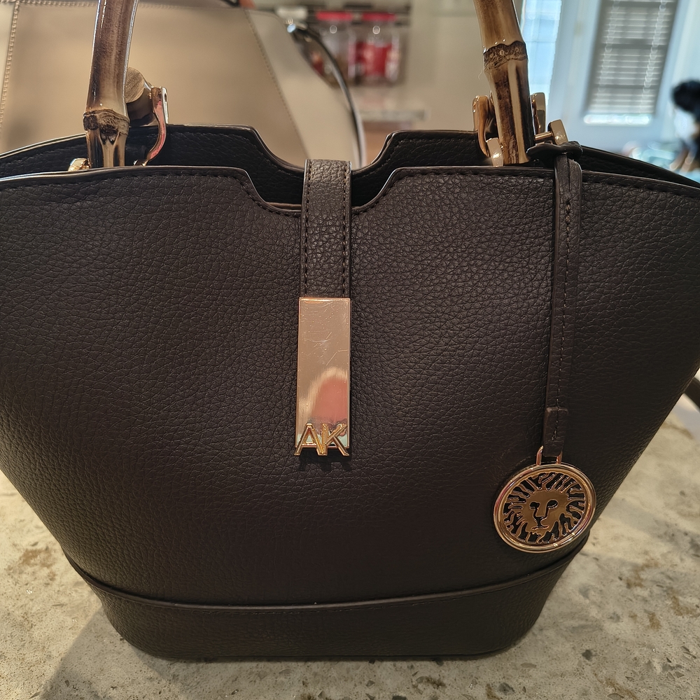 Anne Klein Brown Leather Tote Bag with Bamboo Handles and Gold Accents